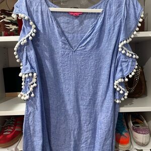 Lilly Pulitzer Light Blue Blouse with Pom-Pom Trim